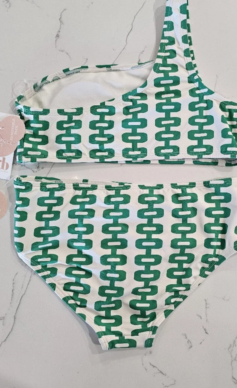 GB Green Link-Print One-Shoulder Girls' Bikini 2 Piece Swim Suit. Size 14 NWT